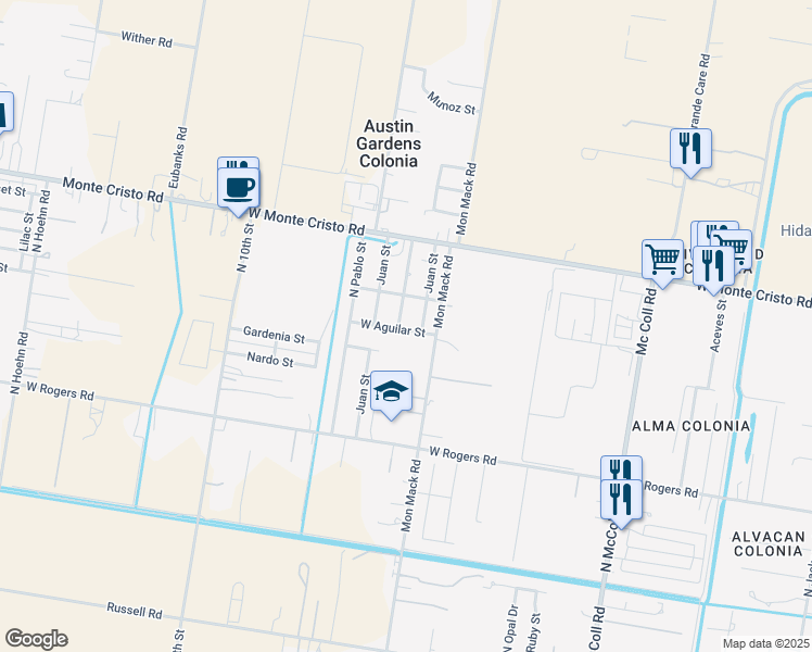 map of restaurants, bars, coffee shops, grocery stores, and more near 3304 Belinda Street in Edinburg