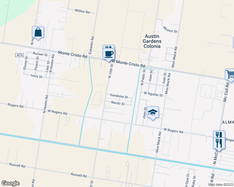 map of restaurants, bars, coffee shops, grocery stores, and more near 5745 Gardenia Street in Edinburg