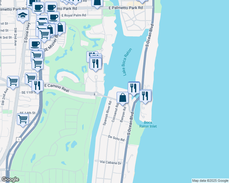 map of restaurants, bars, coffee shops, grocery stores, and more near 701 East Camino Real in Boca Raton