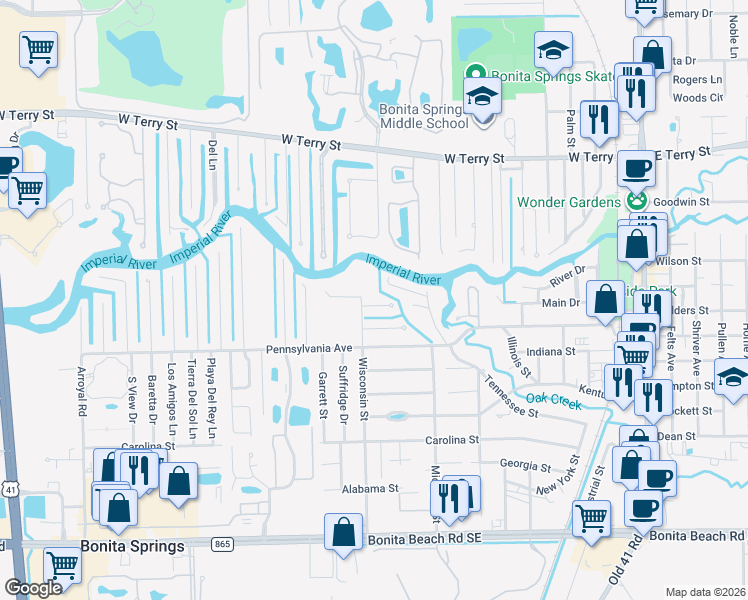 map of restaurants, bars, coffee shops, grocery stores, and more near 9779 Montana Court in Bonita Springs