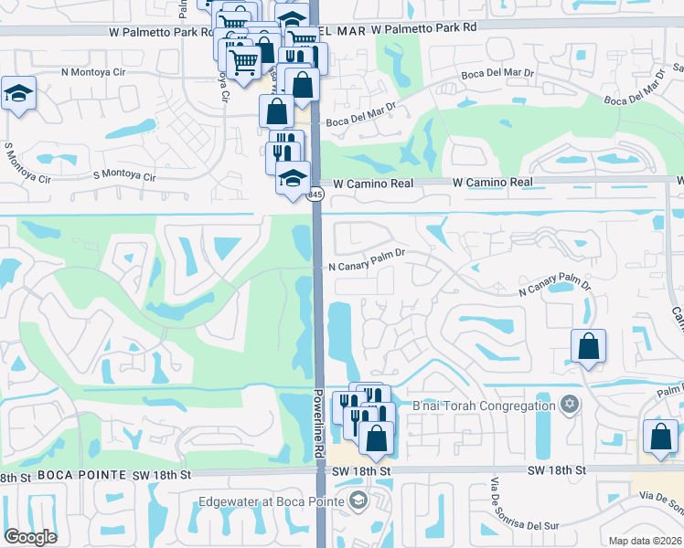 map of restaurants, bars, coffee shops, grocery stores, and more near 6885 Bianchini Circle in Boca Raton