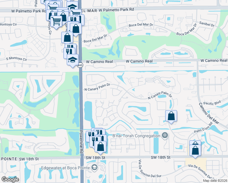 map of restaurants, bars, coffee shops, grocery stores, and more near 6732 Canary Palm Circle in Boca Raton