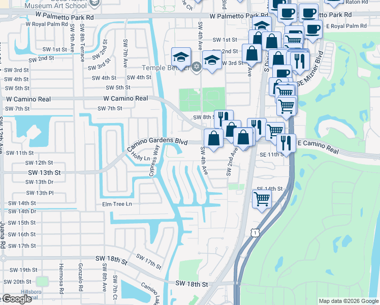 map of restaurants, bars, coffee shops, grocery stores, and more near 501 Southwest 11th Place in Boca Raton