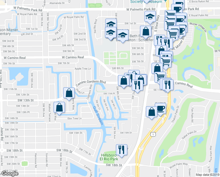 map of restaurants, bars, coffee shops, grocery stores, and more near 501 Southwest 11th Place in Boca Raton