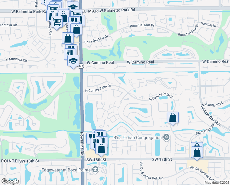 map of restaurants, bars, coffee shops, grocery stores, and more near 6732 Canary Palm Circle in Boca Raton