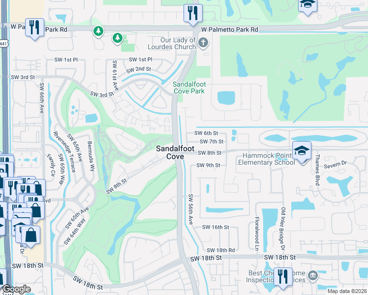 map of restaurants, bars, coffee shops, grocery stores, and more near 22626 Southwest 56th Avenue in Boca Raton