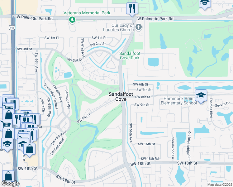map of restaurants, bars, coffee shops, grocery stores, and more near in Sandalfoot Cove