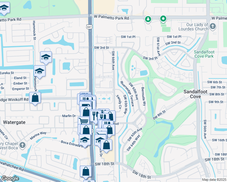 map of restaurants, bars, coffee shops, grocery stores, and more near 9835 Three Lakes Circle in Boca Raton