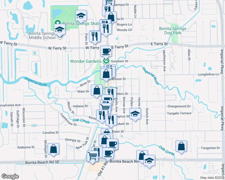 map of restaurants, bars, coffee shops, grocery stores, and more near 10520 Reynolds Street in Bonita Springs
