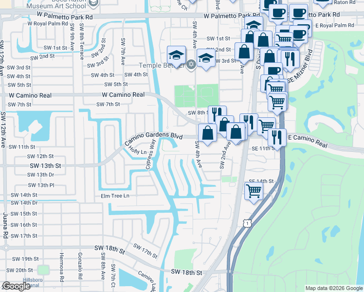 map of restaurants, bars, coffee shops, grocery stores, and more near 501 Southwest 11th Place in Boca Raton