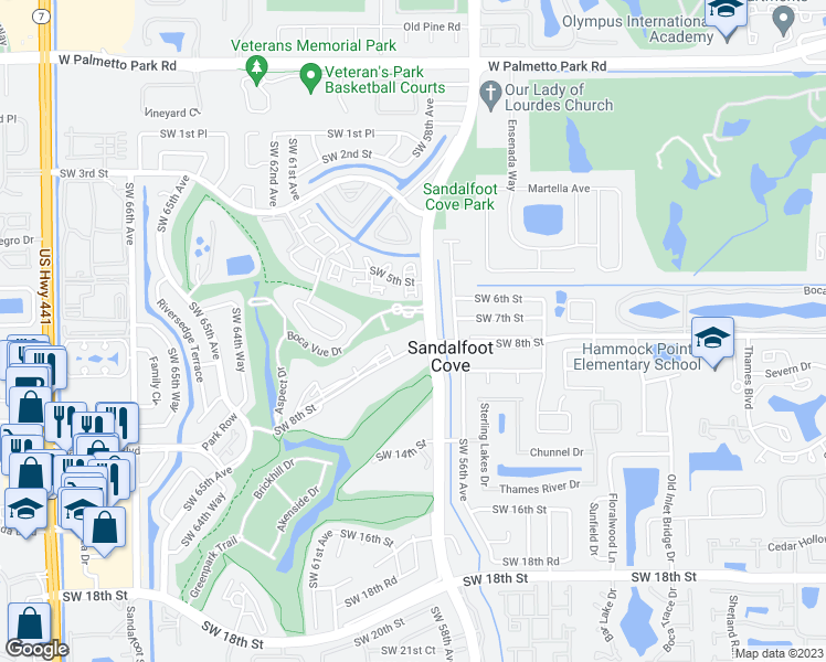 map of restaurants, bars, coffee shops, grocery stores, and more near 9235 Southwest 8th Street in Boca Raton