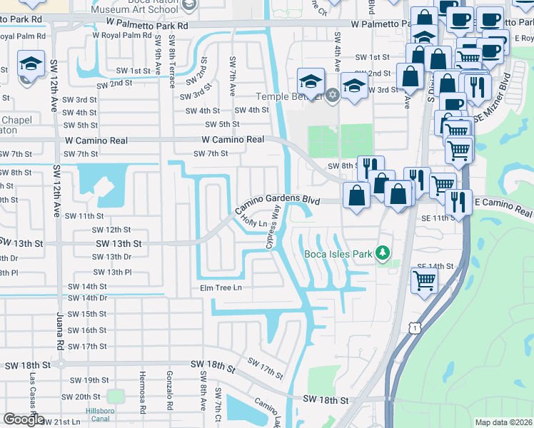 map of restaurants, bars, coffee shops, grocery stores, and more near 610 Juneberry Court in Boca Raton