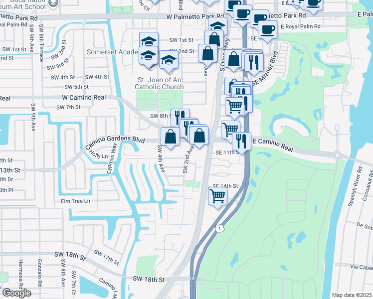 map of restaurants, bars, coffee shops, grocery stores, and more near 170 West Camino Real in Boca Raton