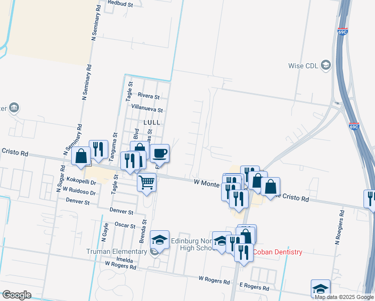 map of restaurants, bars, coffee shops, grocery stores, and more near 627 West Caleb Court in Edinburg
