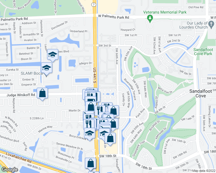 map of restaurants, bars, coffee shops, grocery stores, and more near 22615 Southwest 66th Avenue in Boca Raton