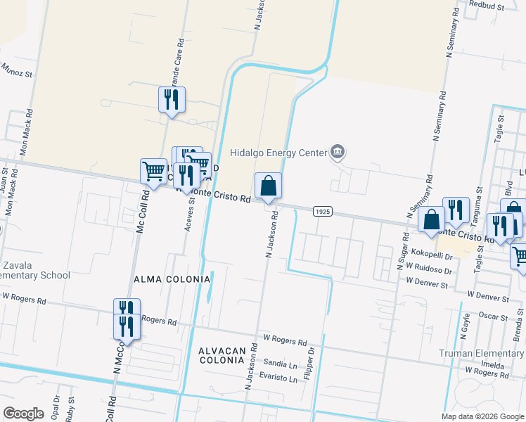 map of restaurants, bars, coffee shops, grocery stores, and more near 2208 West Monte Cristo Road in Edinburg