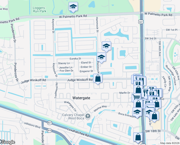 map of restaurants, bars, coffee shops, grocery stores, and more near 10670 Emperor Street in Boca Raton