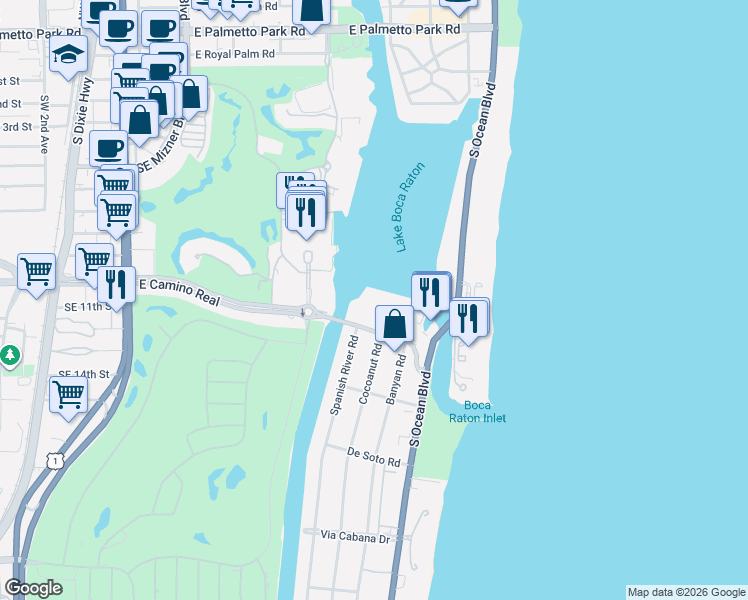 map of restaurants, bars, coffee shops, grocery stores, and more near 701 East Camino Real in Boca Raton
