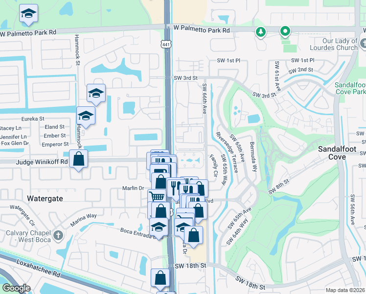 map of restaurants, bars, coffee shops, grocery stores, and more near 22615 Southwest 66th Avenue in Boca Raton