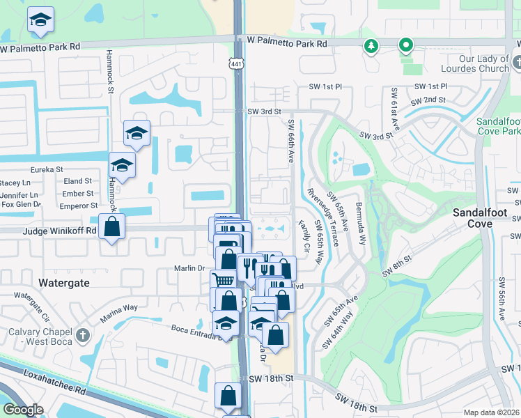 map of restaurants, bars, coffee shops, grocery stores, and more near 22615 Southwest 66th Avenue in Boca Raton