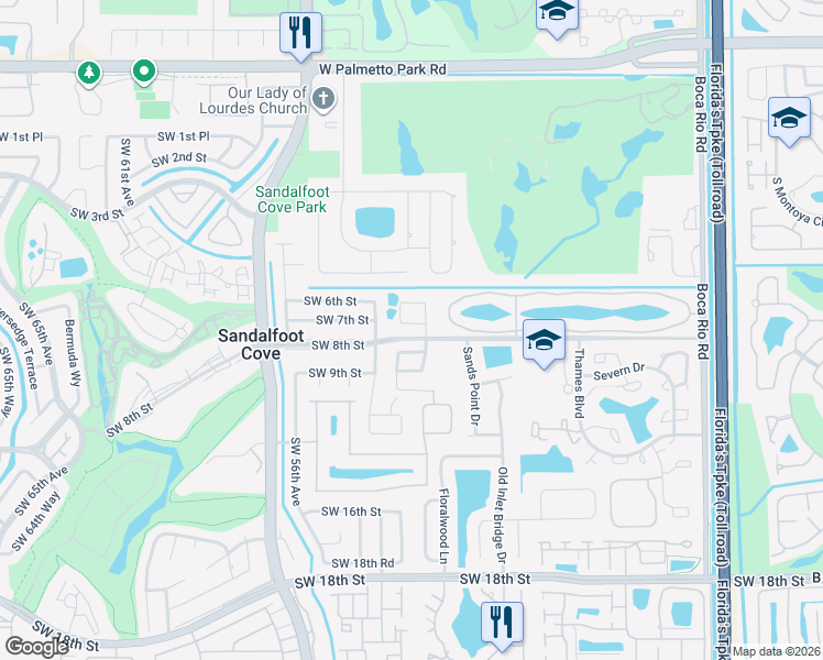 map of restaurants, bars, coffee shops, grocery stores, and more near 22540 Southwest 7th Street in Boca Raton