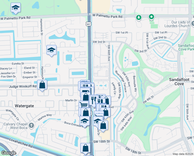 map of restaurants, bars, coffee shops, grocery stores, and more near 22615 Southwest 66th Avenue in Boca Raton