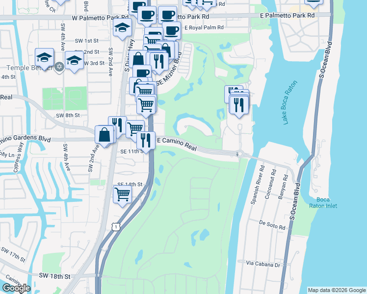 map of restaurants, bars, coffee shops, grocery stores, and more near 202 East Camino Real in Boca Raton