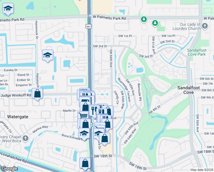 map of restaurants, bars, coffee shops, grocery stores, and more near 22605 Southwest 66th Avenue in Boca Raton