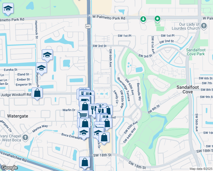 map of restaurants, bars, coffee shops, grocery stores, and more near 9835 Three Lakes Circle in Boca Raton