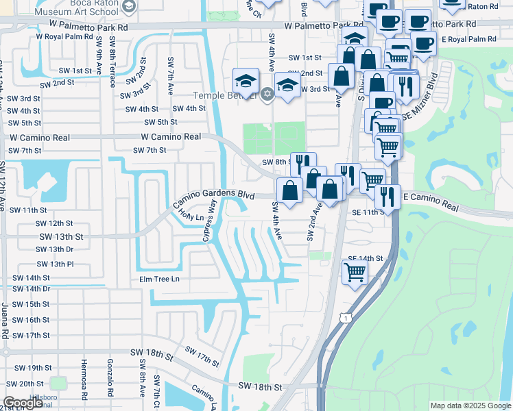 map of restaurants, bars, coffee shops, grocery stores, and more near 501 Southwest 11th Place in Boca Raton