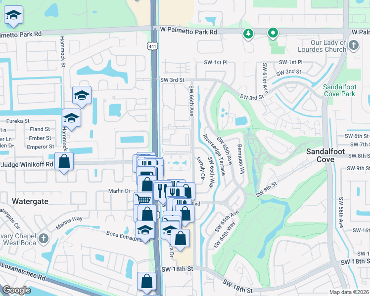 map of restaurants, bars, coffee shops, grocery stores, and more near 9835 Three Lakes Circle in Boca Raton