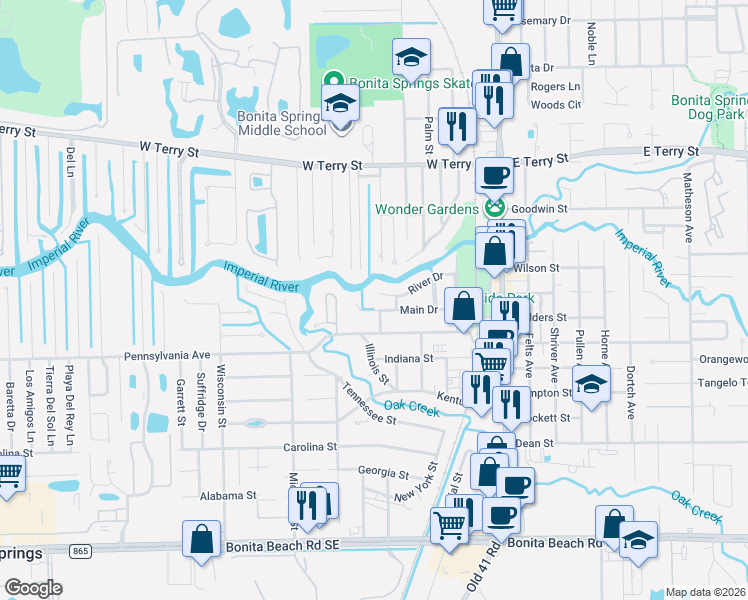 map of restaurants, bars, coffee shops, grocery stores, and more near 10181 Main Dr in Bonita Springs