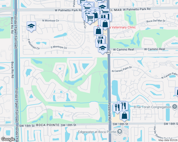 map of restaurants, bars, coffee shops, grocery stores, and more near 7164 Via Palomar in Boca Raton
