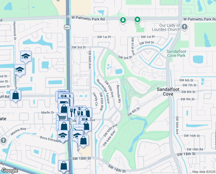 map of restaurants, bars, coffee shops, grocery stores, and more near 22634 Southwest 65th Terrace in Boca Raton
