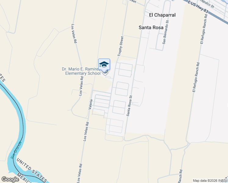 map of restaurants, bars, coffee shops, grocery stores, and more near 105 Thornwood Loop in Rio Grande City