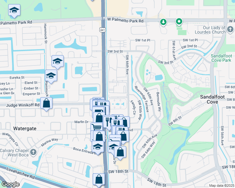 map of restaurants, bars, coffee shops, grocery stores, and more near 22615 Southwest 66th Avenue in Boca Raton