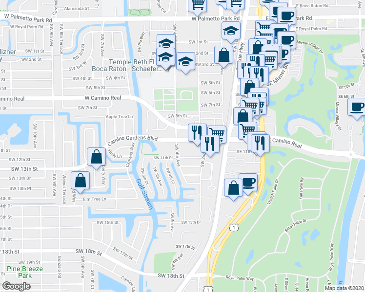 map of restaurants, bars, coffee shops, grocery stores, and more near 370w Camino Gardens Boulevard in Boca Raton