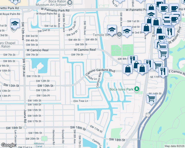 map of restaurants, bars, coffee shops, grocery stores, and more near 646 Juneberry Court in Boca Raton