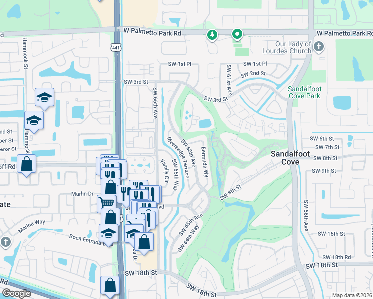 map of restaurants, bars, coffee shops, grocery stores, and more near 22634 Southwest 65th Terrace in Boca Raton
