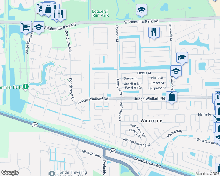 map of restaurants, bars, coffee shops, grocery stores, and more near 22588 Lanyard Street in Boca Raton