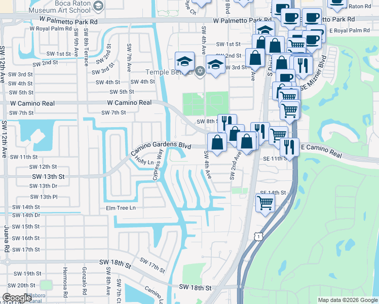 map of restaurants, bars, coffee shops, grocery stores, and more near 501 Southwest 11th Place in Boca Raton