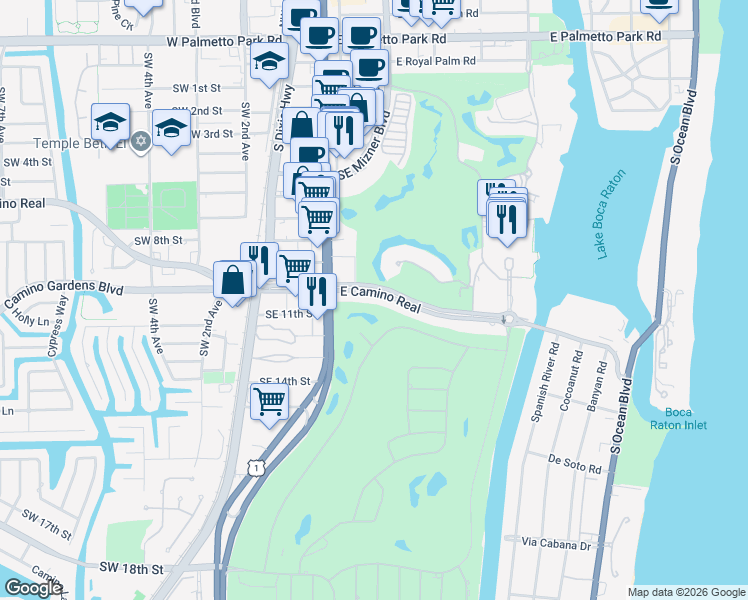 map of restaurants, bars, coffee shops, grocery stores, and more near 202 East Camino Real in Boca Raton