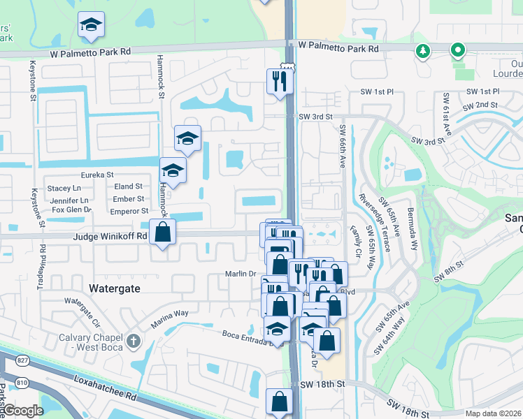 map of restaurants, bars, coffee shops, grocery stores, and more near 10101 Judge Winikoff Road in Boca Raton