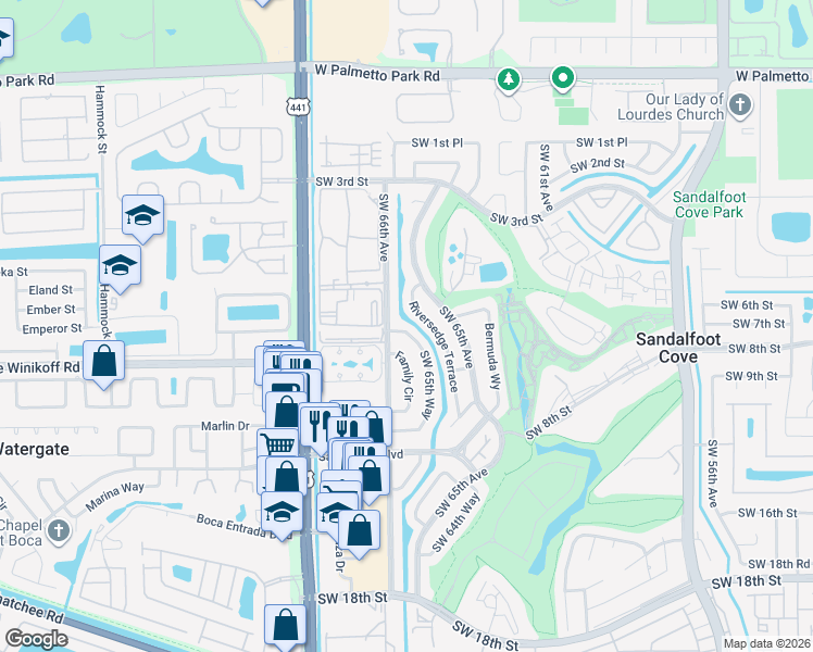 map of restaurants, bars, coffee shops, grocery stores, and more near 22617 Southwest 65th Way in Boca Raton