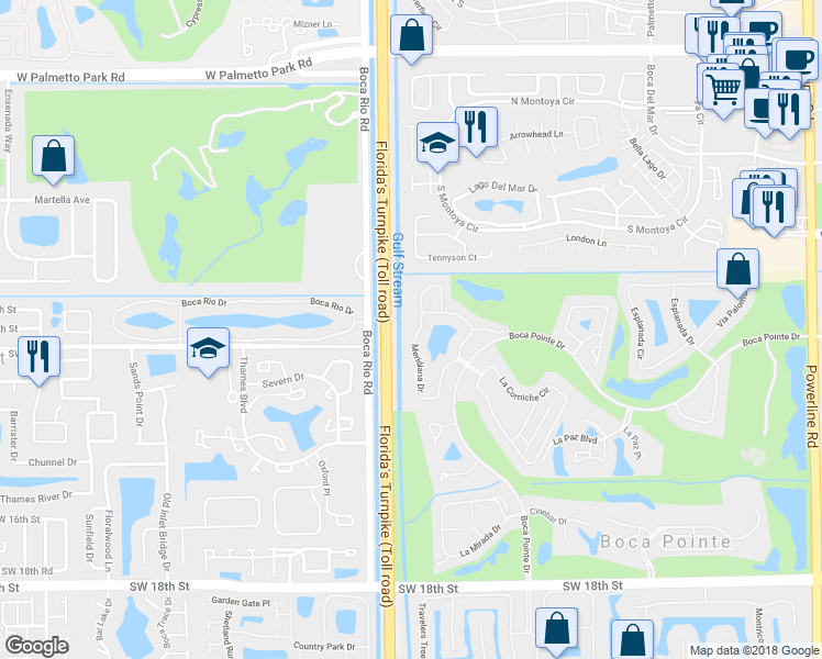 map of restaurants, bars, coffee shops, grocery stores, and more near 22696 Meridiana Drive in Boca Raton