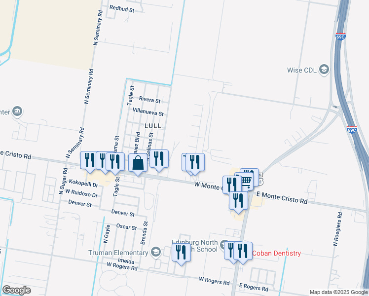 map of restaurants, bars, coffee shops, grocery stores, and more near 627 West Caleb Court in Edinburg