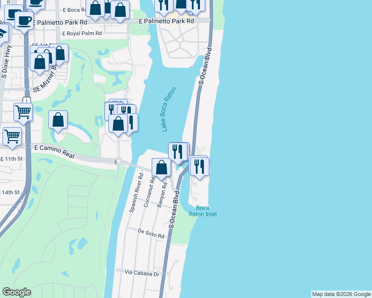 map of restaurants, bars, coffee shops, grocery stores, and more near 999 East Camino Real in Boca Raton