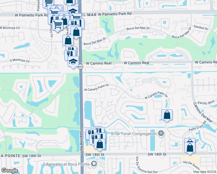 map of restaurants, bars, coffee shops, grocery stores, and more near 6732 Canary Palm Circle in Boca Raton