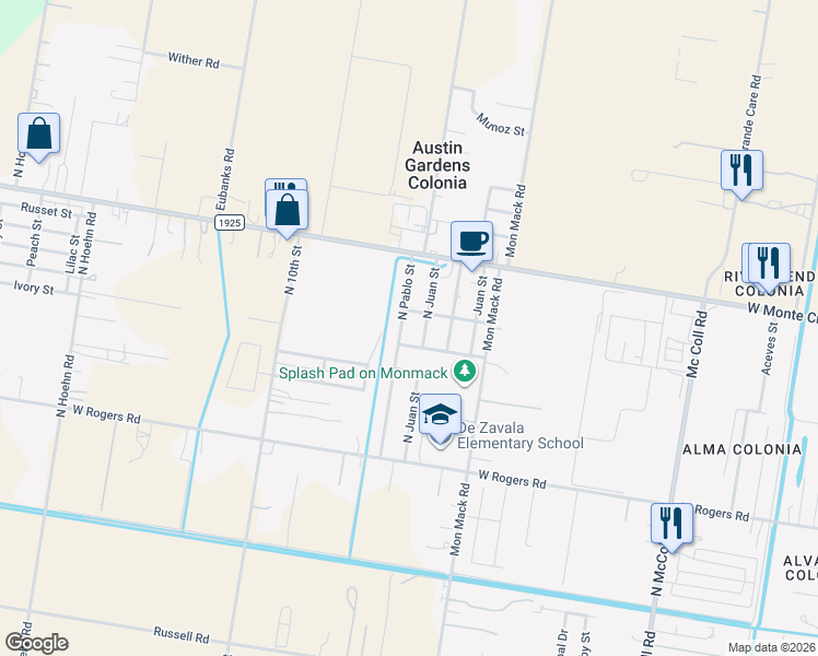 map of restaurants, bars, coffee shops, grocery stores, and more near 3912 West Aguilar Street in Edinburg