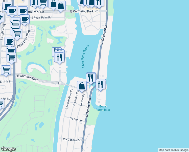 map of restaurants, bars, coffee shops, grocery stores, and more near 725 South Ocean Boulevard in Boca Raton